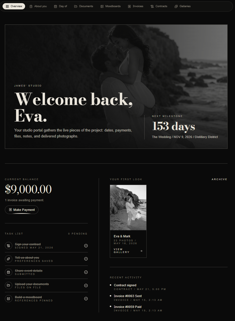 Zaiya Atrium couple view overview with welcome banner, balance, tasks, first-look gallery, and recent activity.