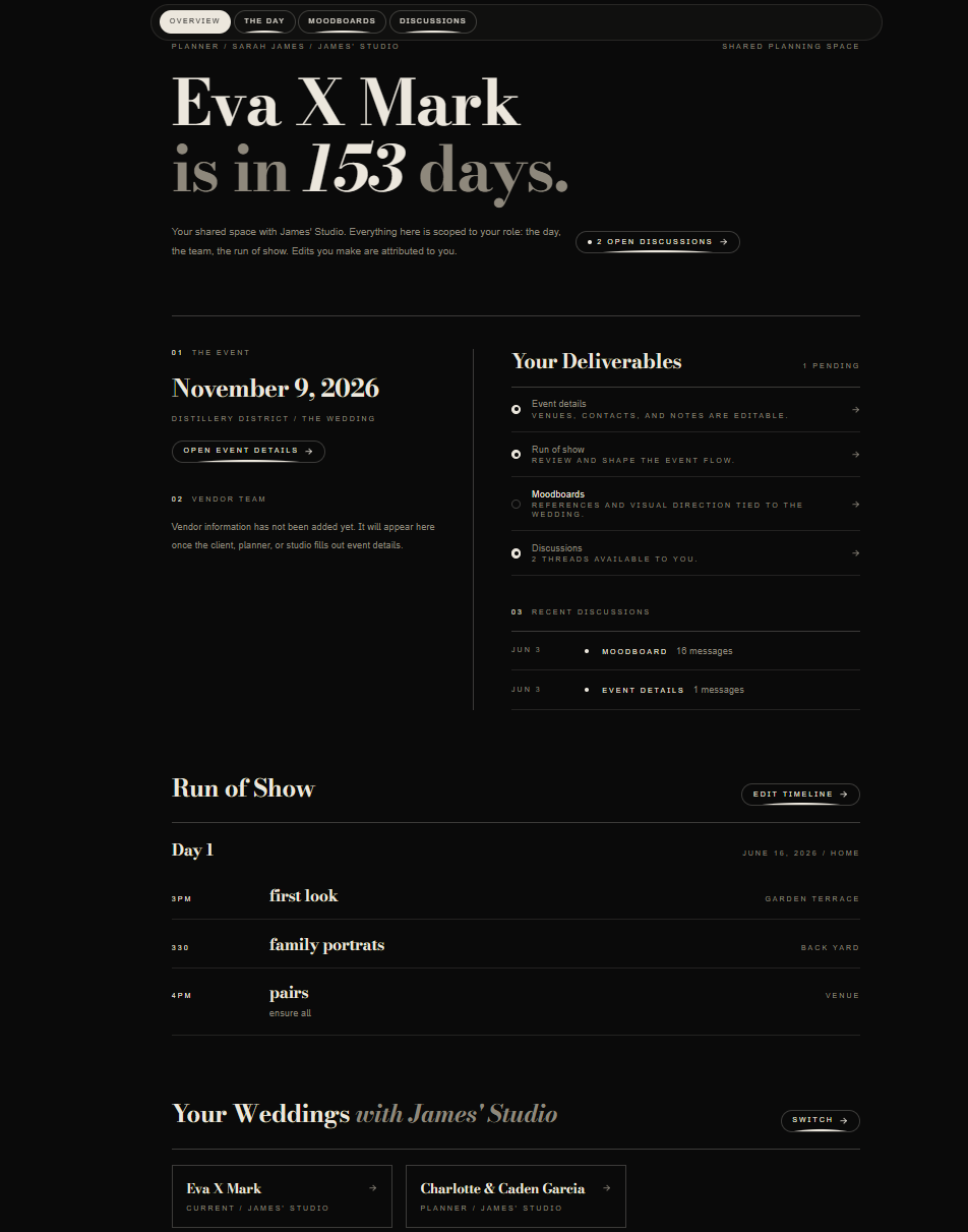 Zaiya planner portal shared planning space with countdown, deliverables, discussions, and run of show.