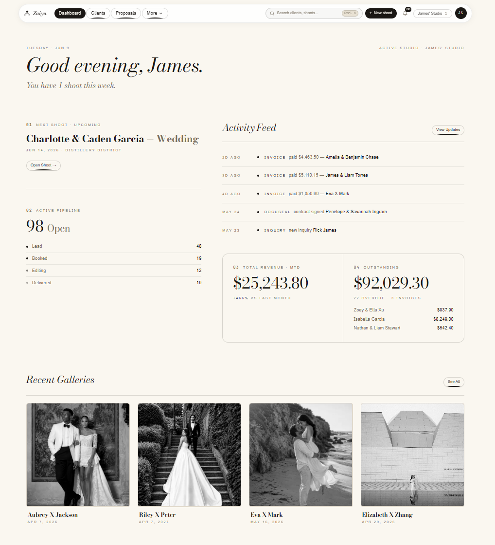 Zaiya studio dashboard with upcoming shoot, activity feed, revenue, and recent galleries.